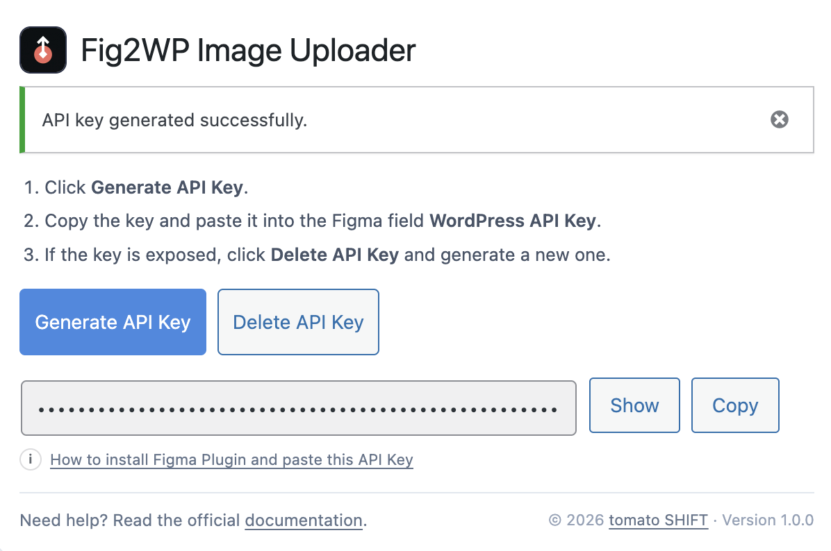 WordPress plugin setting page with generated API key